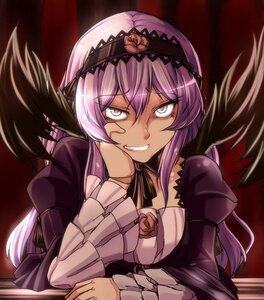 Rating: Safe Score: 0 Tags: 1girl black_wings dress evil_smile flower frills grin hairband image long_hair long_sleeves looking_at_viewer pink_eyes rose smile solo suigintou wings User: admin