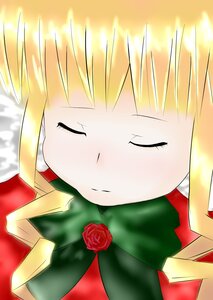 Rating: Safe Score: 0 Tags: 1girl blonde_hair blush closed_eyes flower image jacket long_hair pink_rose red_flower red_rose rose shinku sidelocks simple_background solo User: admin