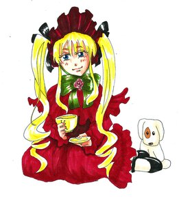 Rating: Safe Score: 0 Tags: 1girl blonde_hair blue_eyes bonnet bow bowtie capelet cup dress flower green_bow holding_cup image long_hair long_sleeves looking_at_viewer red_dress rose saucer shinku sitting smile solo tea teacup twintails very_long_hair User: admin