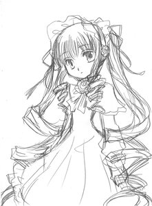 Rating: Safe Score: 0 Tags: 1girl bow dress greyscale image long_hair long_sleeves looking_at_viewer monochrome shinku simple_background sketch solo standing twintails very_long_hair white_background User: admin