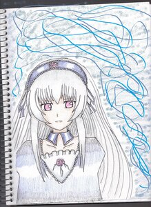 Rating: Safe Score: 0 Tags: 1girl auto_tagged choker collarbone detached_collar dress frills hairband image long_hair looking_at_viewer pink_eyes simple_background solo suigintou traditional_media white_background User: admin