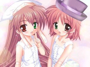 Rating: Safe Score: 0 Tags: 2girls :d auto_tagged bandaid blush dress green_eyes hat heterochromia image long_hair looking_at_viewer multiple_girls open_mouth pair red_eyes siblings sisters smile souseiseki suiseiseki twins upper_body User: admin