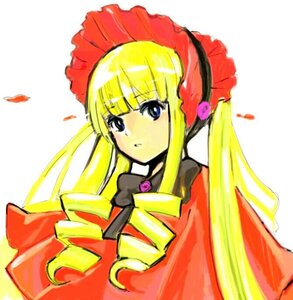 Rating: Safe Score: 0 Tags: 1girl bangs blonde_hair blue_eyes blush bonnet bow bowtie dress drill_hair image long_hair long_sleeves looking_at_viewer red_dress rose shinku sidelocks simple_background solo twintails upper_body white_background User: admin