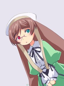 Rating: Safe Score: 0 Tags: 1girl :o brown_hair dress glasses green_dress hat head_scarf heterochromia image long_hair long_sleeves looking_at_viewer red_eyes ribbon simple_background solo striped suiseiseki very_long_hair User: admin