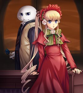 Rating: Safe Score: 0 Tags: 1girl blonde_hair blue_eyes bonnet bottle bow bowtie capelet dress drill_hair flower green_bow green_neckwear image long_hair long_sleeves looking_at_viewer red_dress rose shinku sidelocks solo twintails very_long_hair User: admin