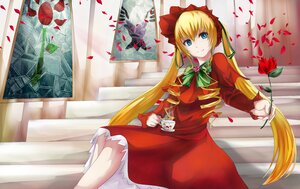 Rating: Safe Score: 0 Tags: 1girl blonde_hair blue_eyes bonnet bow bowtie cup curtains dress flower green_bow image long_hair long_sleeves looking_at_viewer petals red_dress rose rose_petals shinku sitting smile solo teacup twintails very_long_hair User: admin