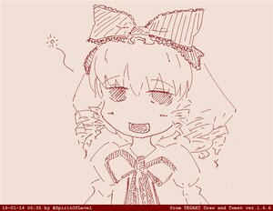 Rating: Safe Score: 0 Tags: 1girl artist_name bow dated frills hair_bow hinaichigo image monochrome open_mouth red_theme ribbon solo watermark User: admin