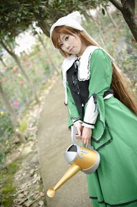 Rating: Safe Score: 0 Tags: 1girl apron blurry blurry_background brown_hair depth_of_field dress green_dress green_eyes long_hair long_sleeves looking_at_viewer outdoors solo standing suiseiseki watering_can User: admin