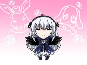 Rating: Safe Score: 0 Tags: 1girl black_wings chibi closed_eyes dress flower frills image long_hair long_sleeves pink_background rose silver_hair solo suigintou wings User: admin