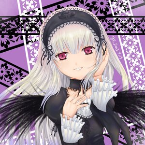 Rating: Safe Score: 0 Tags: 1girl black_wings dress flower frills hairband image juliet_sleeves long_hair long_sleeves looking_at_viewer silver_hair smile solo suigintou upper_body wings User: admin