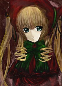 Rating: Safe Score: 0 Tags: 1girl blonde_hair blue_eyes bow bowtie dress drill_hair flower hat image long_hair long_sleeves looking_at_viewer marker_(medium) parted_lips rose shinku simple_background solo traditional_media twintails upper_body User: admin