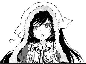 Rating: Safe Score: 0 Tags: 1girl dress frills greyscale image long_hair long_sleeves looking_at_viewer monochrome open_mouth simple_background solo suiseiseki upper_body white_background User: admin