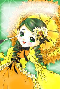 Rating: Safe Score: 0 Tags: 1girl :d blush bow dress drill_hair flower frills green_eyes green_hair hair_ornament holding holding_umbrella image kanaria lace long_sleeves looking_at_viewer open_mouth parasol ribbon smile solo umbrella yellow_dress User: admin