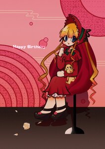 Rating: Safe Score: 0 Tags: 1girl blonde_hair blue_eyes bonnet bow cup dress flower full_body image long_hair long_sleeves red_dress shinku shoes solo teacup very_long_hair User: admin