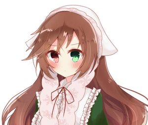 Rating: Safe Score: 0 Tags: 1girl bangs blush brown_hair dress eyebrows_visible_through_hair frills green_dress green_eyes head_scarf heterochromia image long_hair long_sleeves looking_at_viewer red_eyes ribbon simple_background solo striped striped_background suiseiseki vertical_stripes very_long_hair white_background User: admin