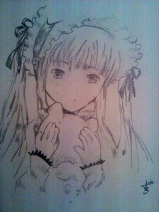 Rating: Safe Score: 0 Tags: 1girl auto_tagged bangs dress eyebrows_visible_through_hair hairband holding image long_hair looking_at_viewer monochrome ribbon shinku signature simple_background solo traditional_media upper_body User: admin