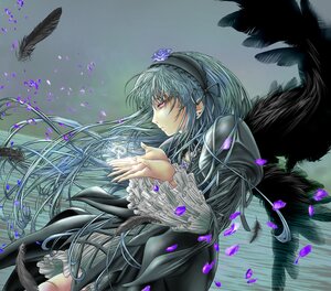 Rating: Safe Score: 0 Tags: 1girl black_feathers black_wings dress feathered_wings feathers flower frills hairband image long_hair long_sleeves petals pink_eyes ribbon solo suigintou wings User: admin
