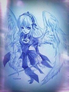 Rating: Safe Score: 0 Tags: 1girl auto_tagged blue_theme dress frills image long_hair long_sleeves looking_at_viewer monochrome ribbon solo suigintou traditional_media wide_sleeves wings User: admin
