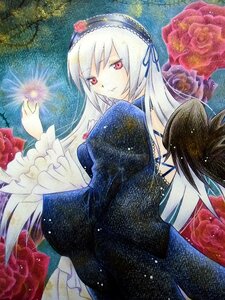 Rating: Safe Score: 0 Tags: 1girl black_wings closed_mouth dress feathers flower frills hairband image long_hair long_sleeves looking_at_viewer red_eyes red_flower red_rose rose silver_hair solo suigintou traditional_media wings User: admin