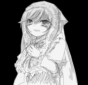 Rating: Safe Score: 0 Tags: 1girl bangs blush braid dress eyebrows_visible_through_hair greyscale hands_up image long_hair long_sleeves looking_at_viewer monochrome own_hands_together simple_background solo suiseiseki tears upper_body very_long_hair User: admin