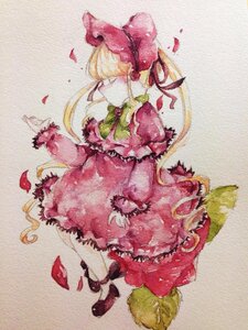 Rating: Safe Score: 0 Tags: 1girl blonde_hair bow closed_eyes dress flower frills full_body image jewelry long_hair long_sleeves pantyhose petals pink_bow rose rose_petals shinku solo traditional_media watercolor_(medium) User: admin