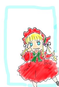 Rating: Safe Score: 0 Tags: 1girl blonde_hair blue_eyes blush bonnet bow chibi dress flower full_body image long_hair long_sleeves red_dress rose shinku solo standing User: admin