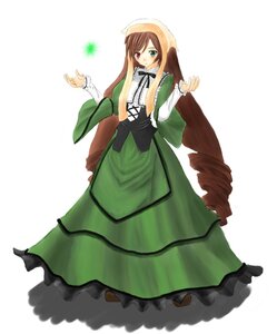 Rating: Safe Score: 0 Tags: 1girl brown_hair dress drill_hair frills full_body green_dress green_eyes head_scarf heterochromia image long_hair long_sleeves looking_at_viewer red_eyes solo standing suiseiseki twin_drills twintails very_long_hair white_background User: admin