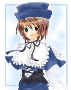 Rating: Safe Score: 0 Tags: 1girl blue_dress blush brown_hair dress frills green_eyes hat heterochromia image long_sleeves looking_at_viewer red_eyes smile solo souseiseki User: admin