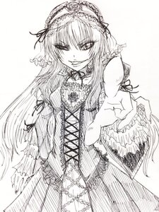 Rating: Safe Score: 0 Tags: 1girl cross-laced_clothes dress frills gothic_lolita greyscale grin hairband image lolita_fashion lolita_hairband long_hair long_sleeves looking_at_viewer monochrome smile solo suigintou traditional_media User: admin