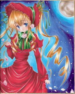 Rating: Safe Score: 0 Tags: 1girl blonde_hair blue_eyes bonnet bow bowtie capelet dress drill_hair flower full_moon green_bow green_neckwear hat image long_hair long_sleeves looking_at_viewer marker_(medium) moon night petals pink_flower pink_rose red_capelet red_dress rose rose_petals shinku sky solo standing traditional_media twin_drills User: admin