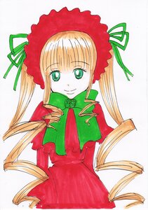 Rating: Safe Score: 0 Tags: 1girl blonde_hair bonnet bow bowtie cup dress drill_hair flower frills green_bow green_eyes image long_hair long_sleeves looking_at_viewer rose shinku sidelocks simple_background smile solo traditional_media upper_body very_long_hair white_background User: admin