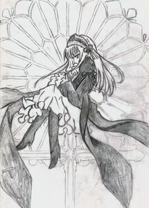 Rating: Safe Score: 0 Tags: 1girl auto_tagged dress frills greyscale hairband image long_hair long_sleeves monochrome sitting solo suigintou traditional_media very_long_hair wings User: admin