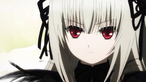 Rating: Safe Score: 0 Tags: 1girl bangs black_ribbon close-up closed_mouth dress eyebrows_visible_through_hair hair_ribbon image long_hair looking_at_viewer red_eyes ribbon silver_hair simple_background solo suigintou User: admin