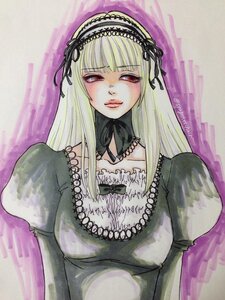 Rating: Safe Score: 0 Tags: 1girl artist_name bangs black_ribbon closed_mouth dress frills gothic_lolita hairband image juliet_sleeves lolita_fashion lolita_hairband long_hair long_sleeves looking_at_viewer puffy_sleeves red_eyes ribbon solo suigintou traditional_media upper_body User: admin