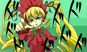 Rating: Safe Score: 0 Tags: 1girl blonde_hair blue_eyes bonnet bow bowtie dress flower green_background image long_hair long_sleeves looking_at_viewer pointing red_dress rose shinku solo twintails User: admin