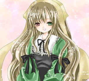 Rating: Safe Score: 0 Tags: 1girl :d blonde_hair dress green_dress green_eyes heterochromia image long_hair long_sleeves looking_at_viewer open_mouth smile solo suiseiseki very_long_hair User: admin