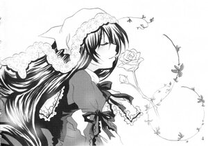 Rating: Safe Score: 0 Tags: 1girl bug butterfly closed_eyes dress flower frills from_side greyscale image insect long_hair long_sleeves monochrome profile ribbon rose smile solo suiseiseki upper_body very_long_hair User: admin