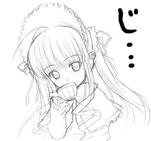 Rating: Safe Score: 0 Tags: 1girl ahoge artist_request blush bun_cover capelet eating food greyscale image long_hair long_sleeves looking_at_viewer lowres monochrome ribbon rozen_maiden shinku simple_background sketch solo upper_body white_background User: admin