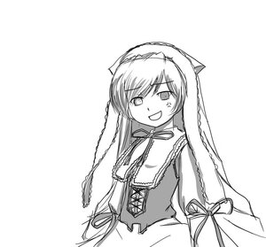 Rating: Safe Score: 0 Tags: 1girl :d dress eyebrows_visible_through_hair greyscale image long_hair long_sleeves looking_at_viewer monochrome open_mouth ribbon simple_background sleeves_past_fingers sleeves_past_wrists smile solo suiseiseki veil very_long_hair white_background User: admin