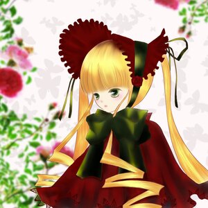 Rating: Safe Score: 0 Tags: 1girl blonde_hair blurry blurry_background blurry_foreground bonnet bow depth_of_field dress flower green_eyes image long_hair long_sleeves looking_at_viewer photo plant rose shinku solo twintails User: admin