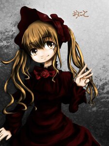 Rating: Safe Score: 0 Tags: 1girl blonde_hair bonnet brown_hair dress flower hat image long_hair long_sleeves looking_at_viewer red_dress rose shinku smile solo User: admin