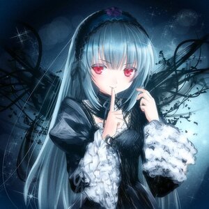 Rating: Safe Score: 0 Tags: 1girl bangs black_dress black_ribbon closed_mouth commentary_request dress eyebrows_visible_through_hair finger_to_mouth flower frills gothic_lolita hairband image index_finger_raised juliet_sleeves lolita_fashion lolita_hairband long_hair long_sleeves looking_at_viewer pink_eyes puffy_sleeves red_eyes rozen_maiden silver_hair smile solo sparkle star_(sky) starry_sky suigintou very_long_hair wide_sleeves yasuyuki User: admin