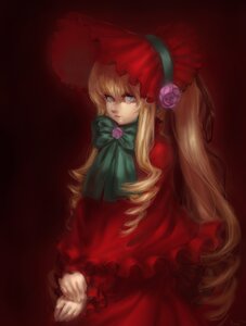 Rating: Safe Score: 0 Tags: 1girl blonde_hair blue_eyes bonnet bow bowtie capelet dress flower green_bow green_neckwear image long_hair long_sleeves looking_at_viewer red_capelet red_dress rose shinku simple_background solo very_long_hair User: admin