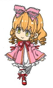 Rating: Safe Score: 0 Tags: 1girl bow chibi dress drill_hair full_body green_eyes hina_ichigo hinaichigo image long_sleeves pink_bow ribbon simple_background solo standing white_background yellow_eyes User: admin