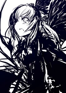 Rating: Safe Score: 0 Tags: 1girl blush closed_mouth feathered_wings greyscale image long_hair looking_at_viewer monochrome solo suigintou upper_body white_background wings User: admin