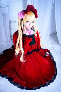 Rating: Safe Score: 0 Tags: 1girl blonde_hair blue_eyes bonnet bow curtains dress flower lips long_hair looking_at_viewer red_dress rose shinku solo User: admin