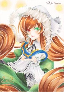 Rating: Safe Score: 0 Tags: 1girl artist_name brown_hair dress frills green_dress green_eyes hat heterochromia image long_hair long_sleeves looking_at_viewer marker_(medium) red_eyes signature smile solo suiseiseki traditional_media very_long_hair watercolor_(medium) white_background User: admin