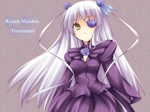 Rating: Safe Score: 0 Tags: 1girl barasuishou dress eyepatch flower image long_hair long_sleeves purple_dress silver_hair solo very_long_hair yellow_eyes User: admin