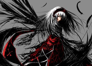 Rating: Safe Score: 0 Tags: 1girl black_wings dress feathers grey_background hairband image long_hair solo suigintou weapon wings User: admin