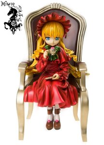 Rating: Safe Score: 0 Tags: 1girl bangs blonde_hair blue_eyes bonnet bow bowtie chair cup doll dress full_body holding_cup long_hair long_sleeves looking_at_viewer red_dress rose saucer shinku sitting solo teacup twintails User: admin